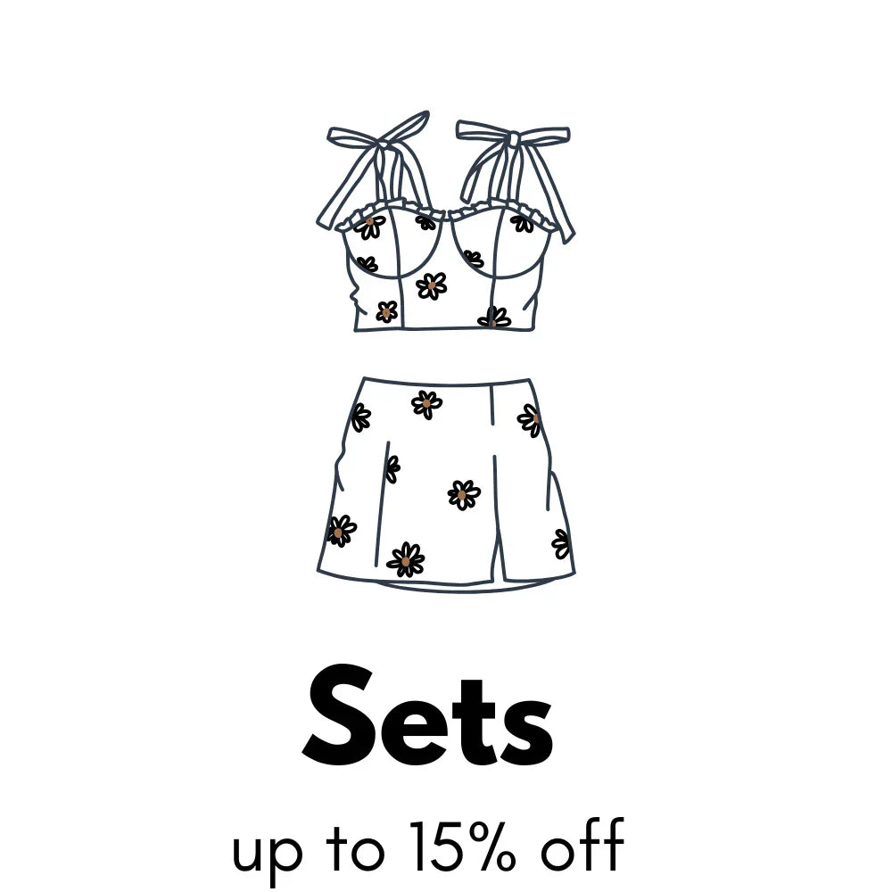 Matching Top and Bottom. Text below text: Sets up to 15% off. Click to explore more.