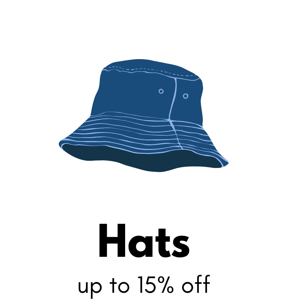 Blue Bucket Hat above text: Hats up to 15% off. Click to explore.