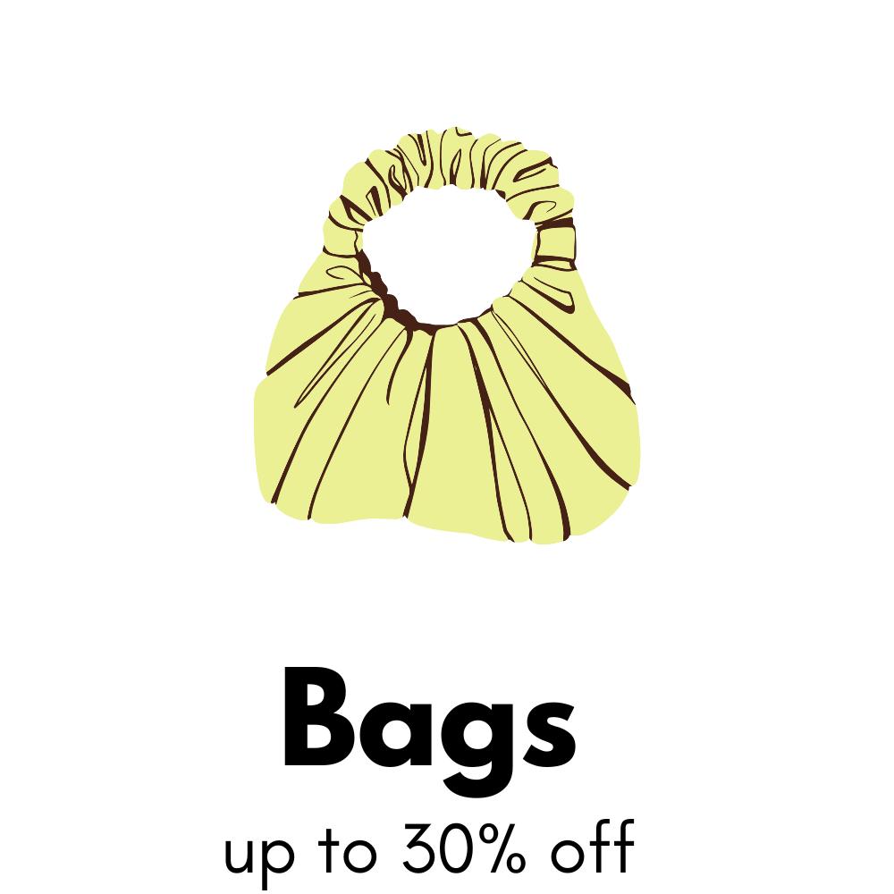 Green Handbag Image, above text: Bags up to %30 off. Click to explore more.