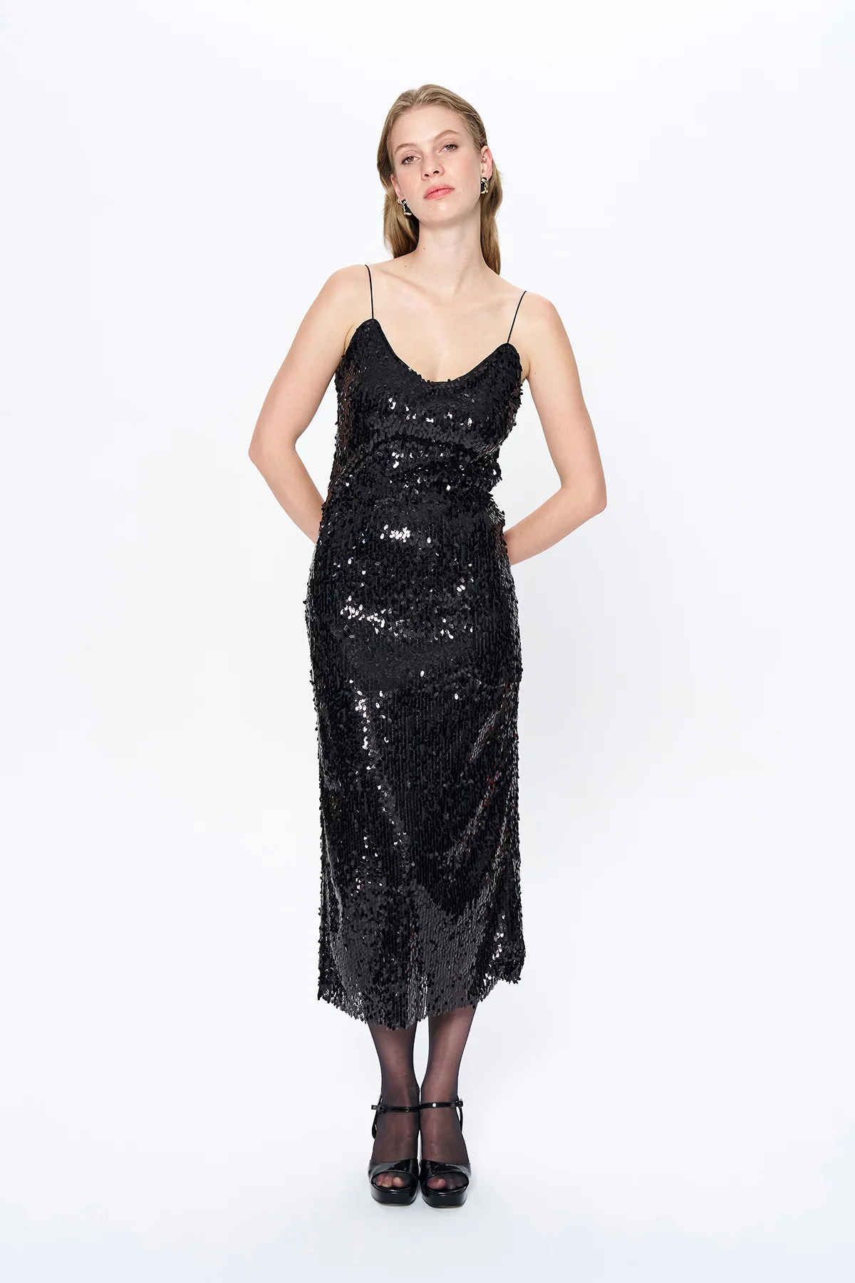 Fiona Sequin Slip Dress in Black