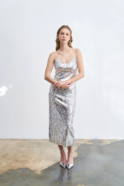 Fiona Sequin Slip Dress in Silver