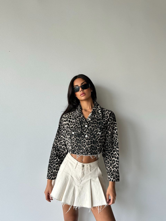 Leona Cropped Leopard Print Denim Jacket