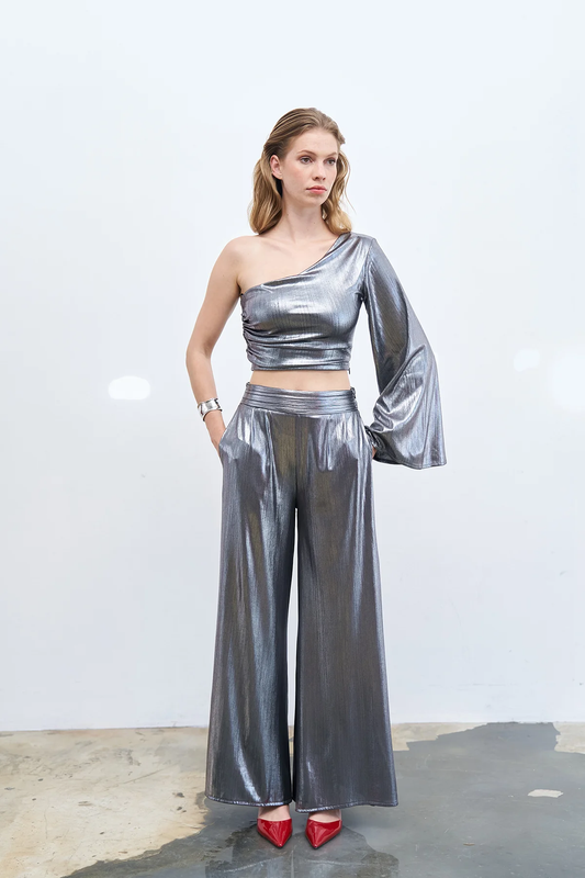 Phoebe Metallic One Shoulder Crop Top