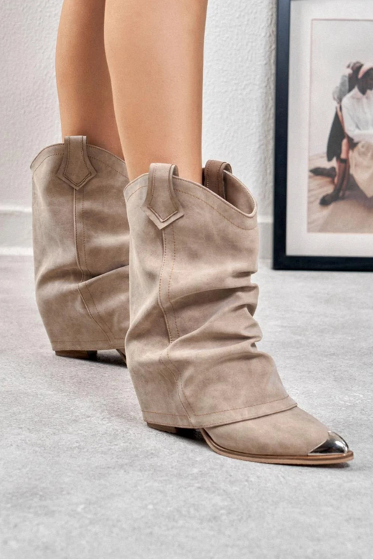 Adriana Foldover Booties in Beige